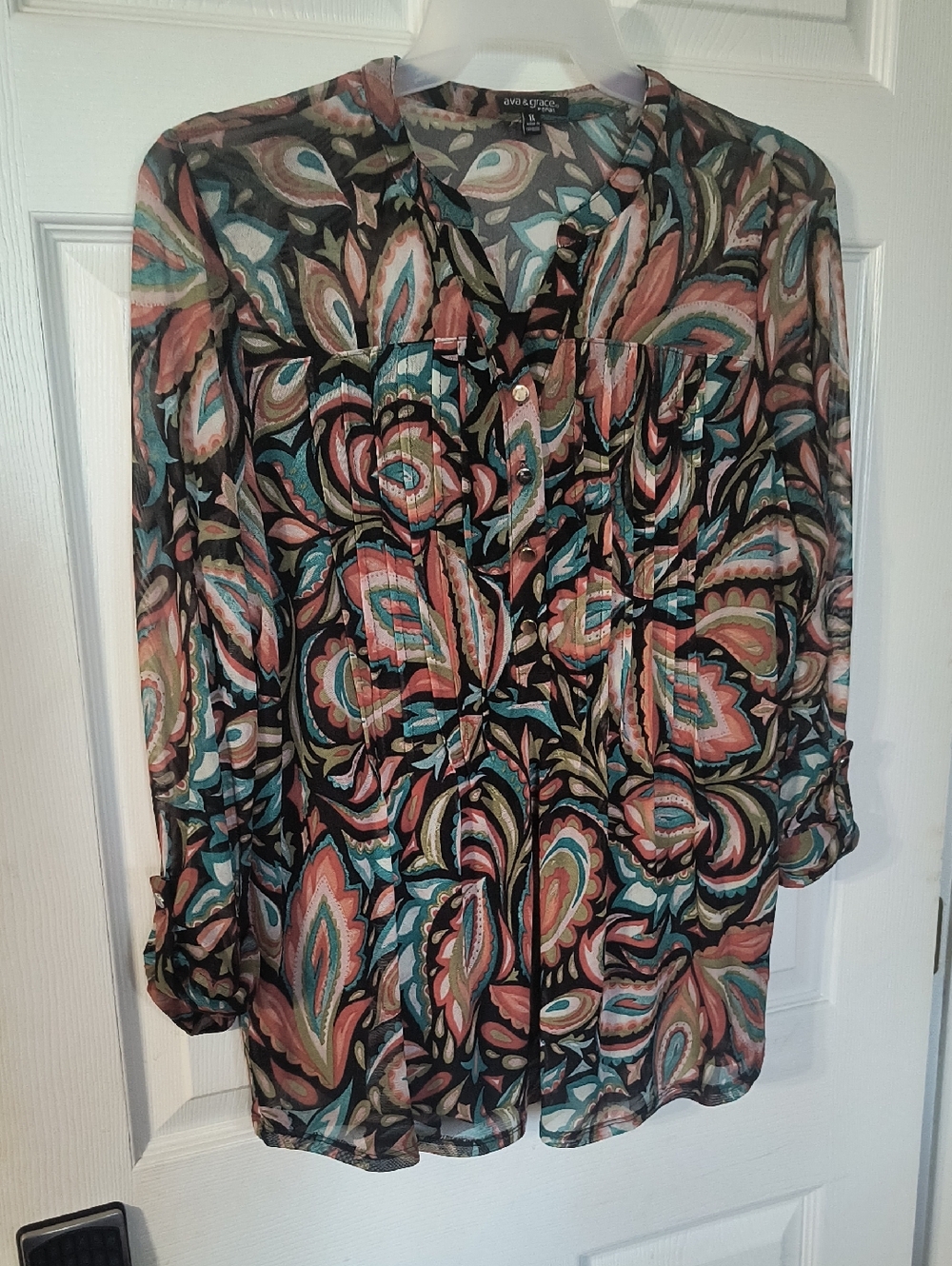 Ava & Grace Black Sheer Paisley Blouse with Teal and Coral Accents
